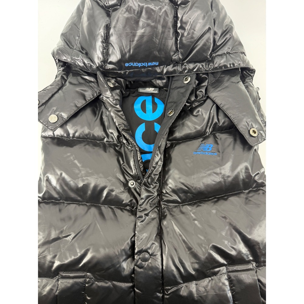 New Balance Shiny Black Puffer Vest Detachable Hood Blue Logo Korean Rare